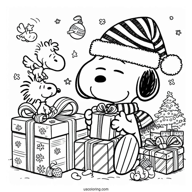 Snoopy And Woodstock Unwrapping Gifts During Christmas