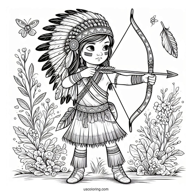 Native American Coloring Page Boy With Bow And Arrow For Kids