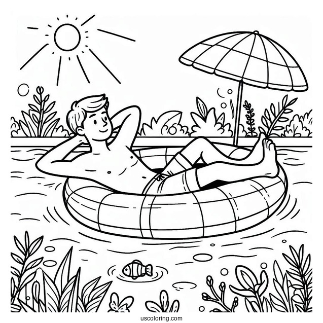 Swimming Coloring Page OF Man Relaxing On An Inflatable For Kids
