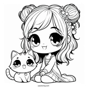 Curious Chibi Girl With Her Cat