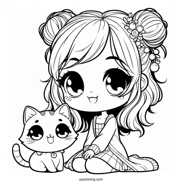 Curious Chibi Girl With Her Cat