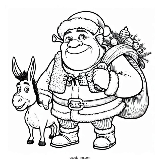 Shrek Dressed As Santa With Donkey Coloring Sheet
