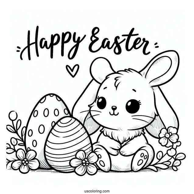 Happy Easter Greeting With Easter Bunny Coloring Page And Eggs