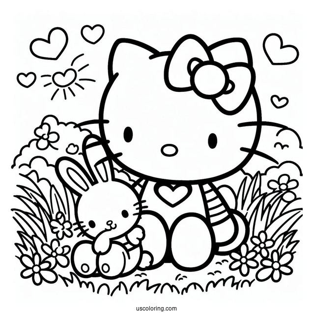 Hello Kitty Sitting On The Grass With A Rabbit Coloring Page For Kids