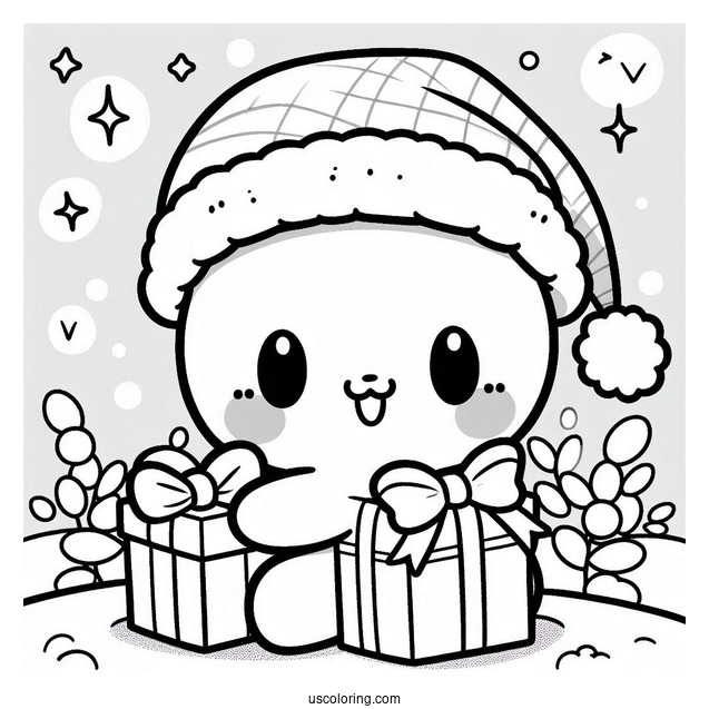 Easy Pochacco Coloring Page In Santa Hat Holding Christmas Present