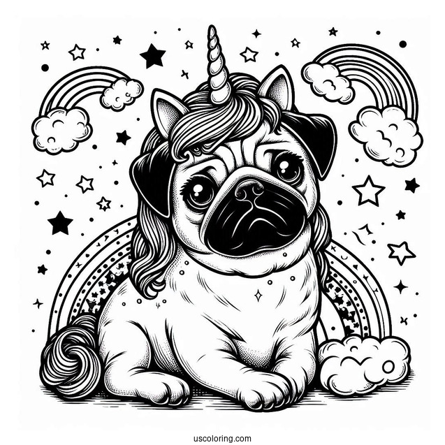 Pug Wearing a Unicorn Horn To Color
