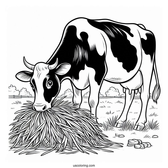 Holstein Cow Eating Grass On Farm Coloring Page