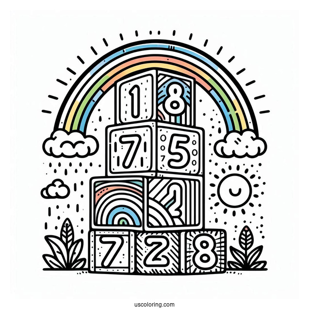 Tall Numberblocks Coloring Page 7 With Rainbows