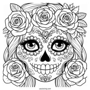 Smiling Female Sugar Skulls Coloring Page With Roses In The Eyes