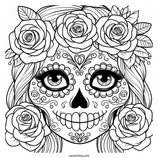 Smiling Female Sugar Skulls Coloring Page With Roses In The Eyes