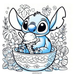 Stitch Playing In a Bowl Of Ice Cream To Color