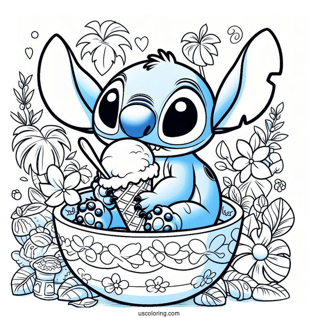 Stitch Playing In a Bowl Of Ice Cream To Color