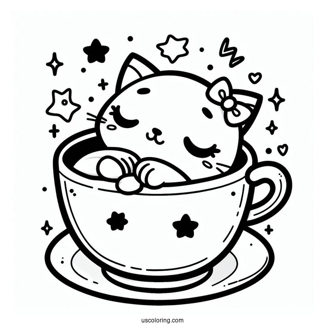 Sleepy Chibi Coloring Page Cat Resting Inside a Teacup For Preschoolers