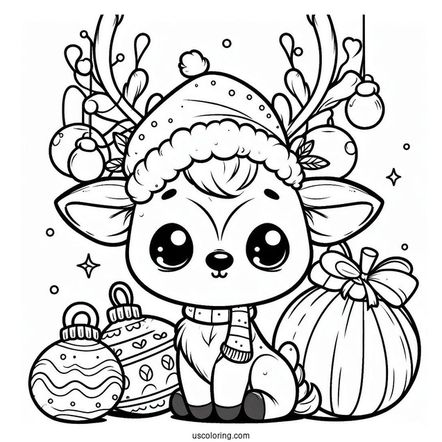 Christmas Coloring Pages For Adults Of Cute Reindeer With Christmas Baubles And Santa Hat