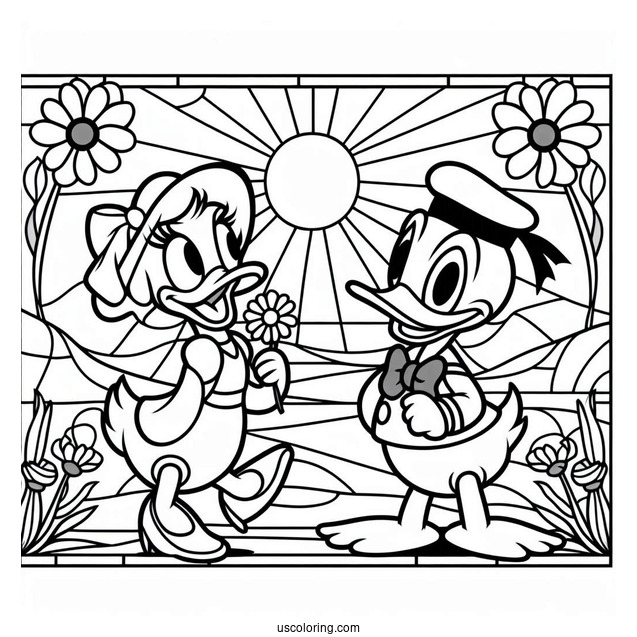 Easy Donald Duck And Daisy Duck Stained Glass Coloring Page For Kids