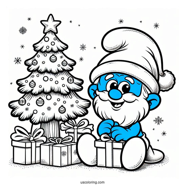 Santa Smurf Beside Christmas Tree Coloring In