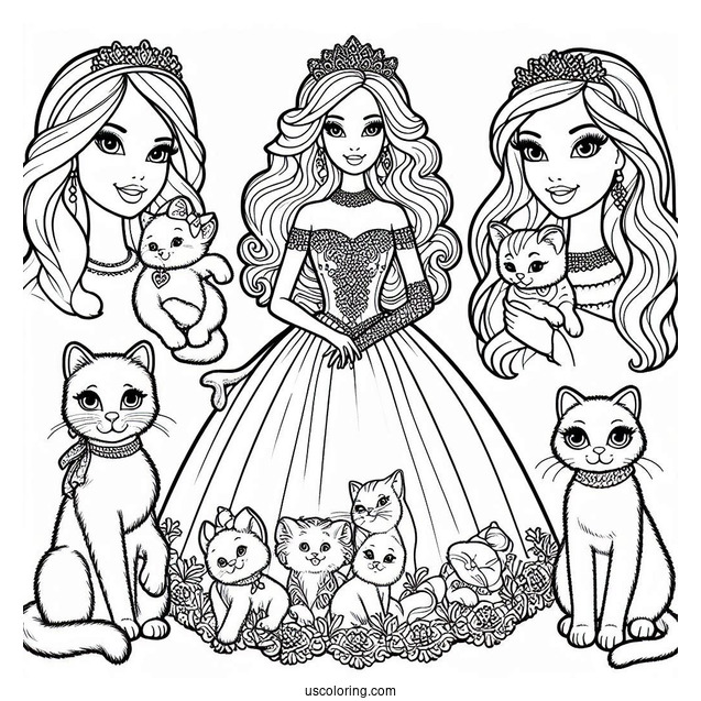 Princess Barbies With Cats Coloring Sheet