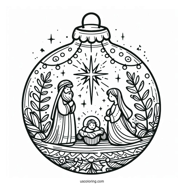 Christmas Bauble Nativity Coloring Page