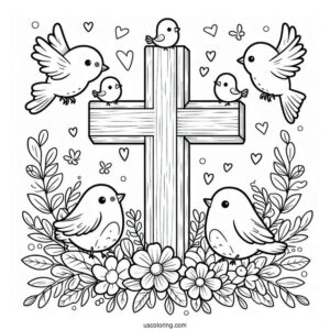Cute Little Birds Surrounding A Cross Coloring Page For Kids