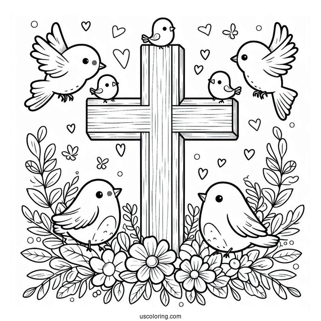 Cute Little Birds Surrounding A Cross Coloring Page For Kids