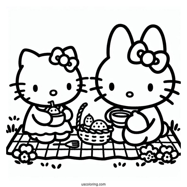 Hello Kitty And Miffy Coloring Page Having A Picnic