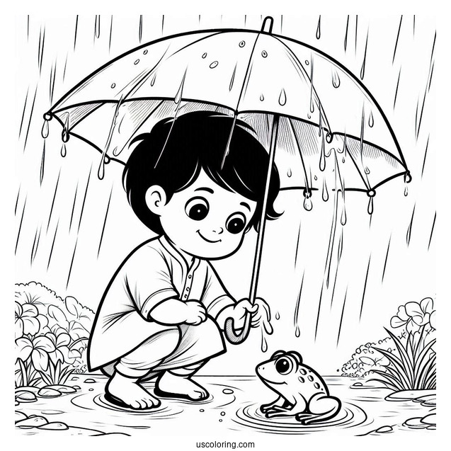 Little Boy Looking At Frog Under The Rain Coloring Page