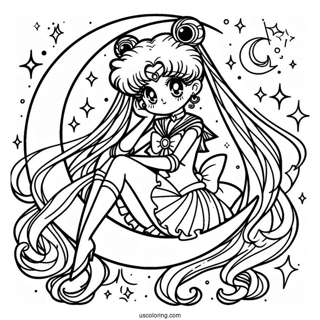 Easy Coloring Page Of Sailor Moon On Crescent Moon