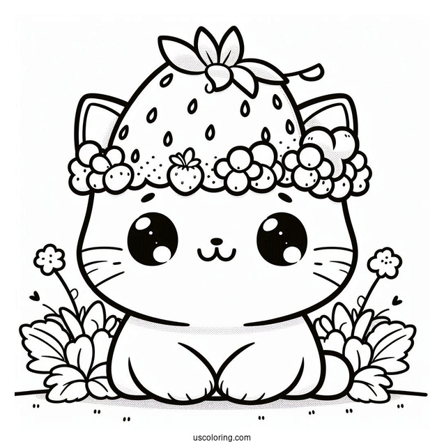 Cat Wearing A Strawberry Headdress Coloring Page