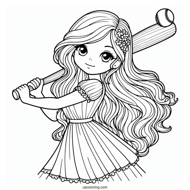 Girl With Long Hair Swinging Baseball Coloring Page Bat For Preschoolers