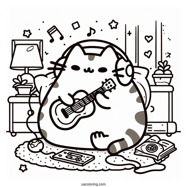 Pusheen Eating And Listening To Music In Bedroom
