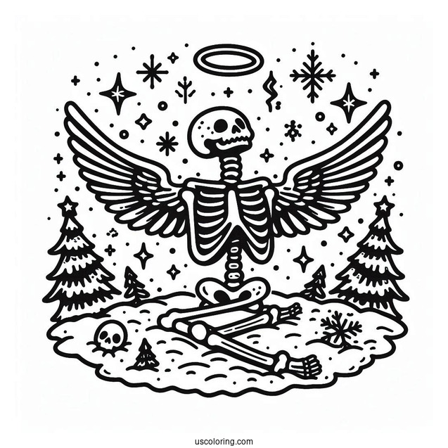 Skeleton Coloring Page Making Snow Angel On Christmas
