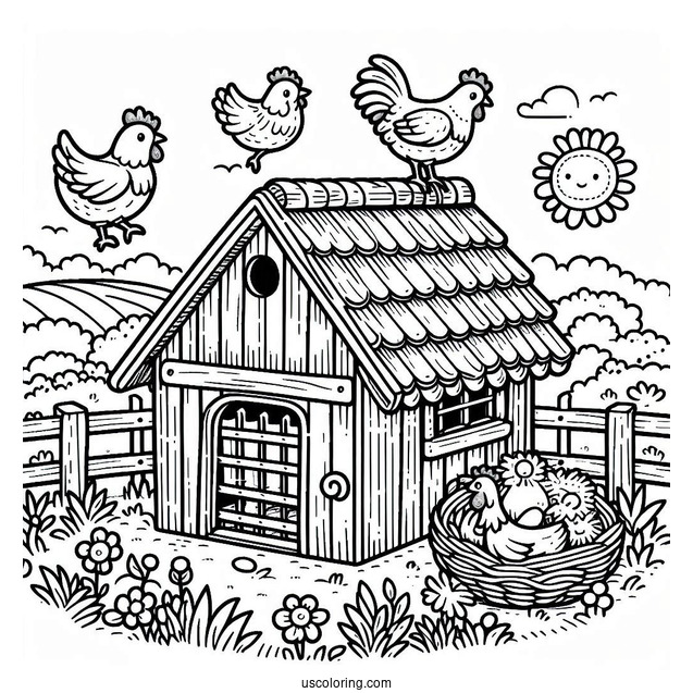 Farm Chicken Coop Coloring Sheet