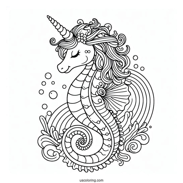 Unicorn Seahorse Coloring Page For Kids