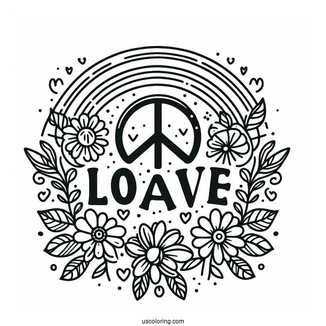 Love Word With Peace Coloring Page Sign And Flowers