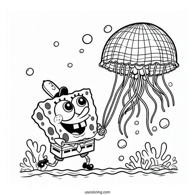 SpongeBob Catching Jellyfish With Net To Color