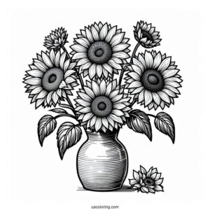 Four Beautiful Sunflowers In Vase For Coloring_