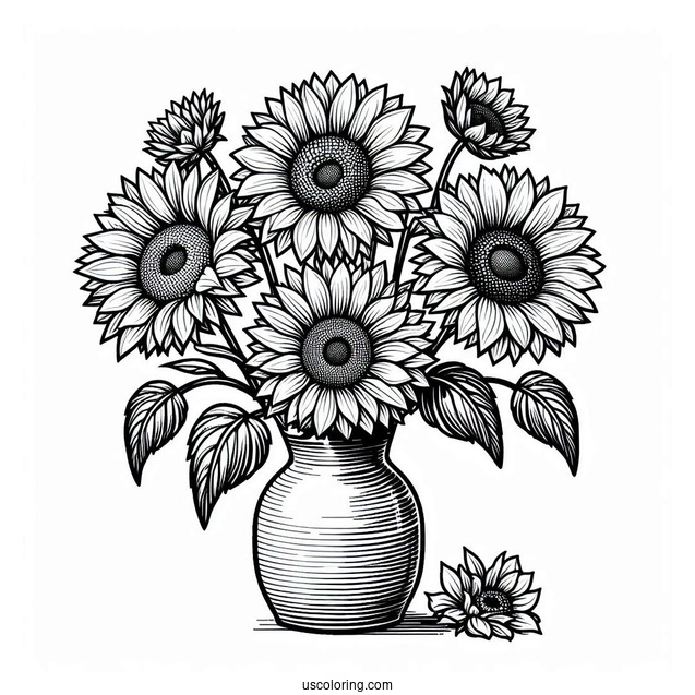 Four Beautiful Sunflowers In Vase For Coloring_