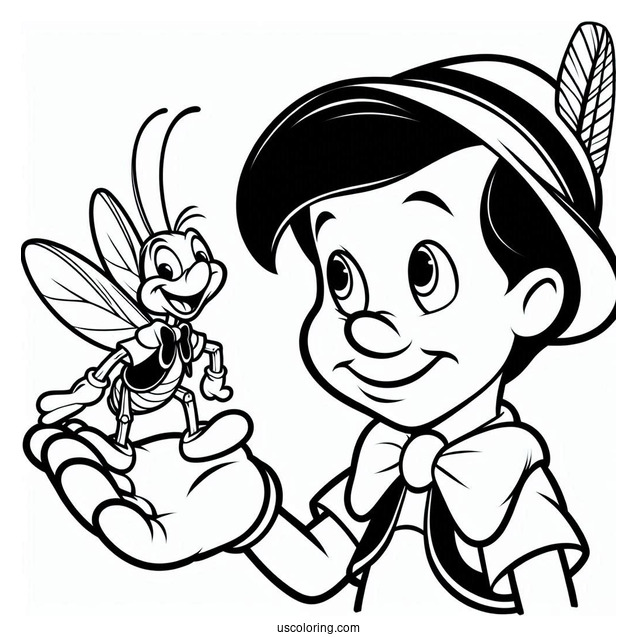 Pinocchio Coloring Page Holding Up Jiminy Cricket On His Elbow