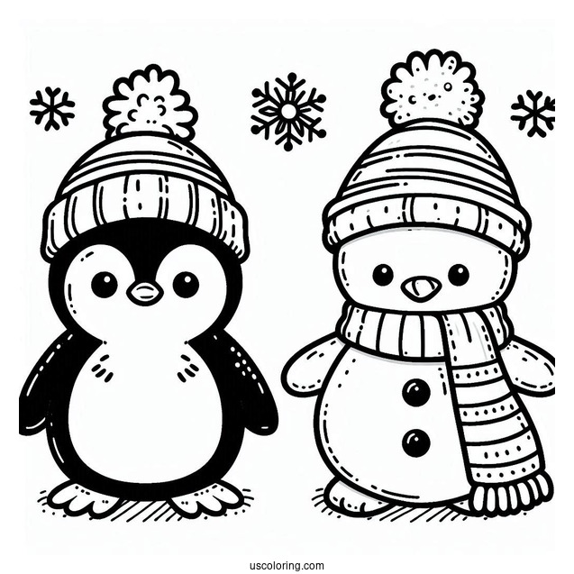 Cute Penguin And Snowman To Color