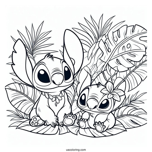 Coloring Page Of Lilo And Stitch With Banana Leaves