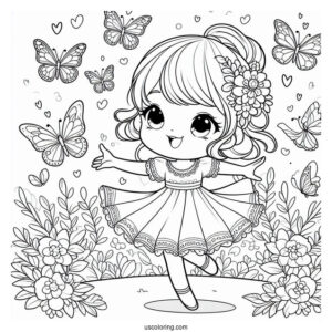 Little Girl Dancing With Butterflies To Color