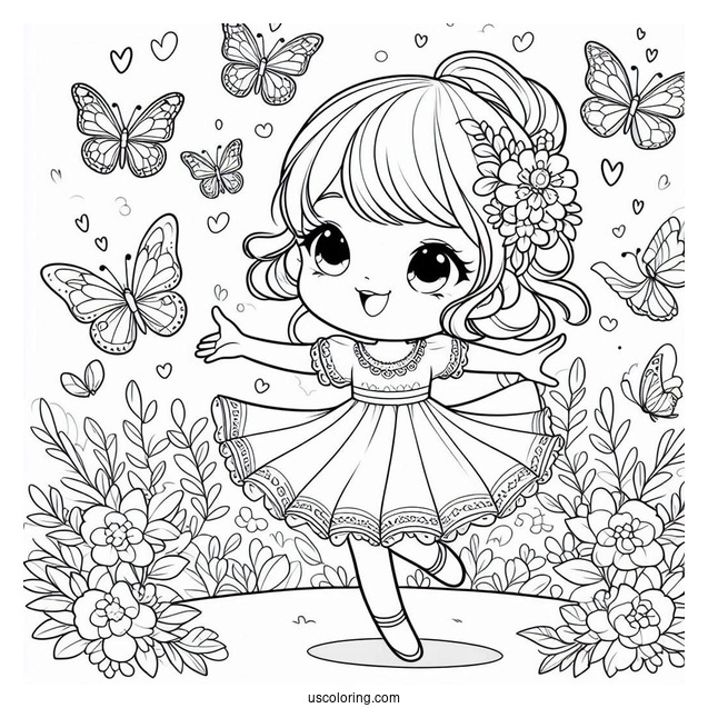 Little Girl Dancing With Butterflies To Color