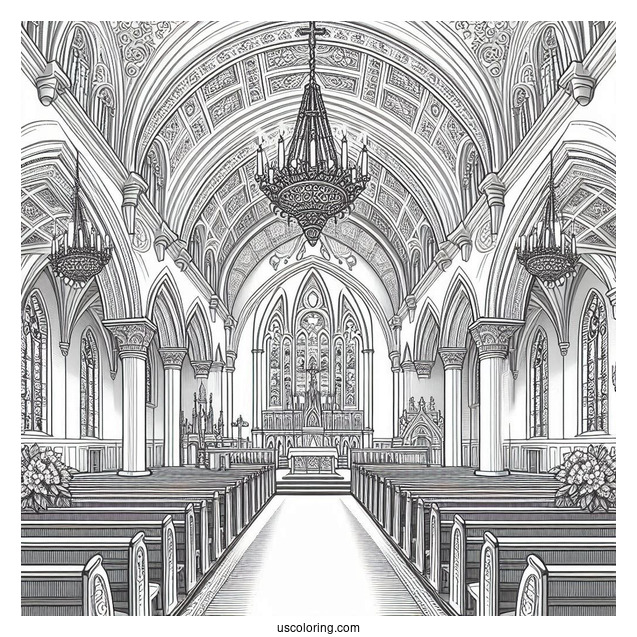 Detailed Interior Of A Catholic Church Coloring Page