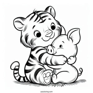 Tiger Hugging Piglet Coloring Page