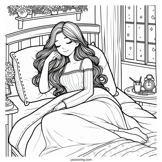Woman Sleeping In Her Cozy Bedroom Coloring Page For Kids