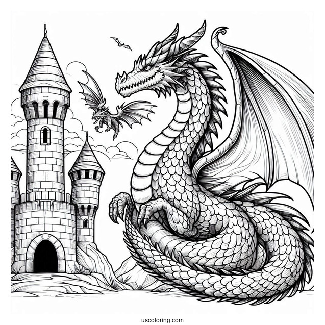 Dragon With Large Scales Wrapped Around Castle Tower