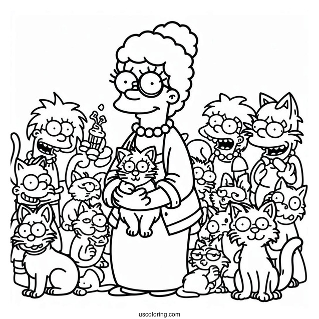 Simpsons Coloring Pages Of Crazy Cat Lady With Her Kittens
