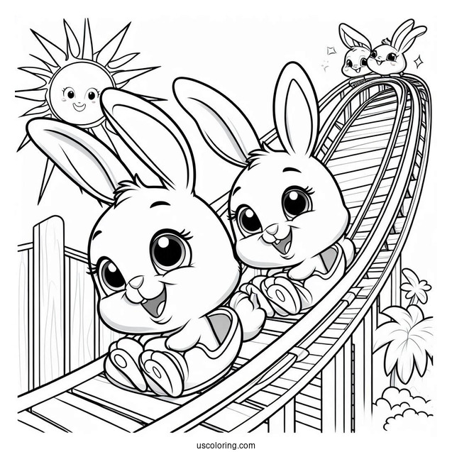 Sunny Bunnies Coloring Page Turbo, Shiny, Big Boo, Iris, And Hopper Riding Rollercoaster For Kids