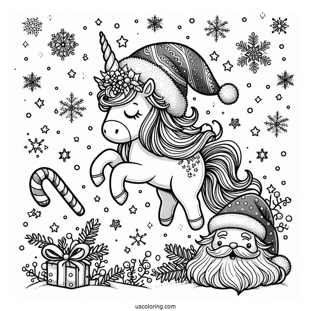 Unicorn With Santa Snow Flakes And Candy Cane