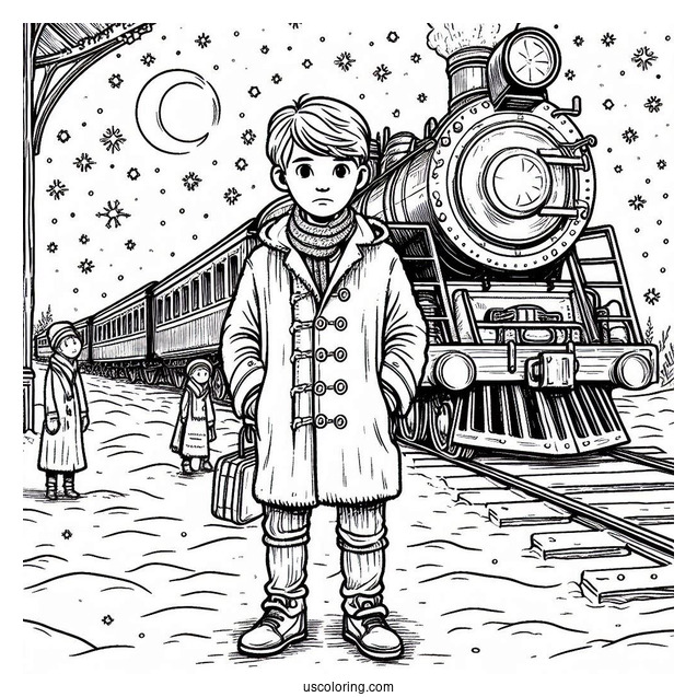 Polar Express Coloring Page Of Lonely Boy Standing In The Snow